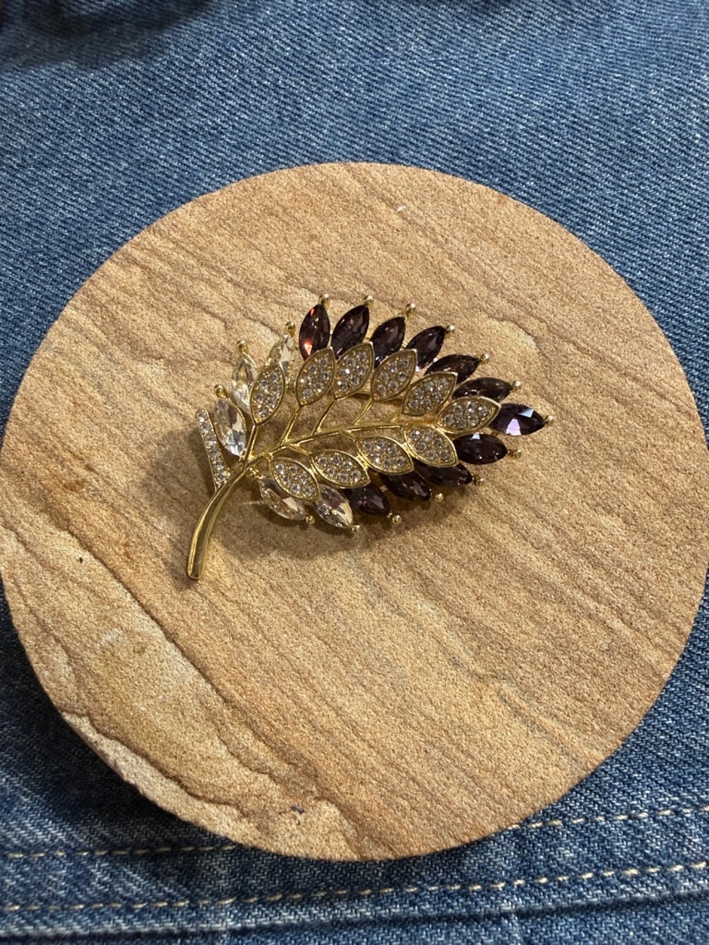 Fashion Gold Leaf Brooch with Clear and Deep Purple Crystals - Elegant